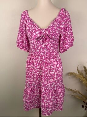 Lauren Conrad Size Large Short Sleeve Pink Floral Tie-Front Summer Dress